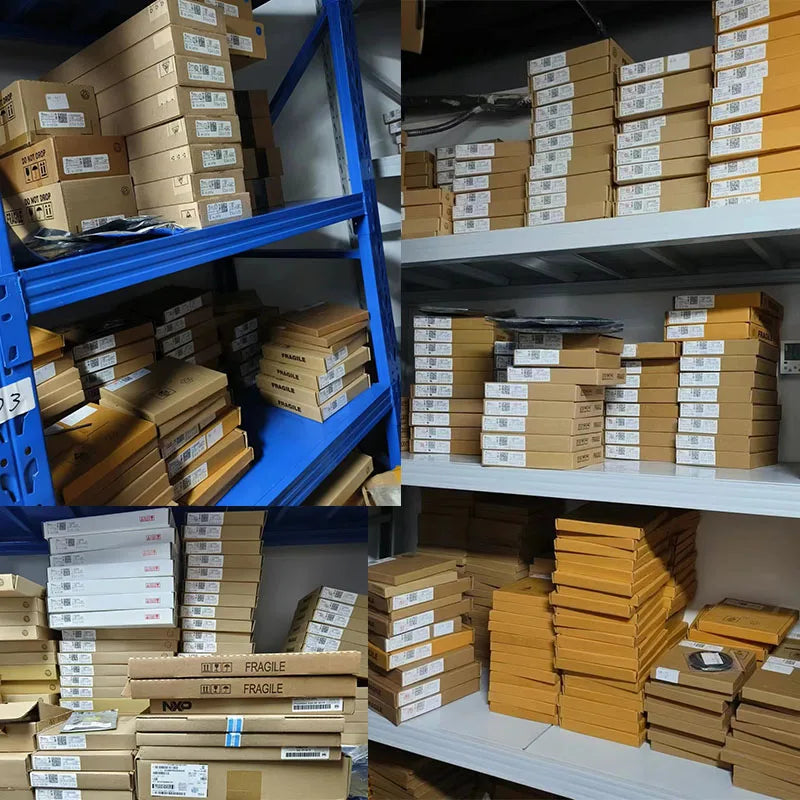 Pre Order Orange Pi 3 LTS Single Board Computer 2GB RAM AllWinner H6 8GB EMMC Development Board Computer Run Android9.0 Ubuntu Debian OS - shown as a large stock of brown cardboard boxes stacked on warehouse shelves, some labeled as fragile.