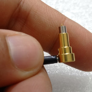 Pre Order RF RF Test Line MXHS83QE3000 Murata High Frequency C2 Test Line - a close-up shot of the gold-coloured right-angle RF connector attached to a black cable.