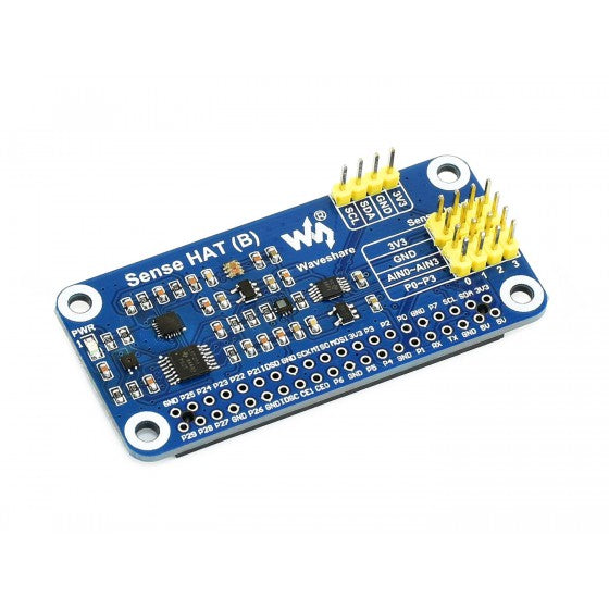 Pre-Order Sense HAT (B) for Raspberry Pi, Multi Powerful Sensors - a blue rectangular circuit board featuring multiple integrated sensors, yellow pin headers, and labeled GPIO ports.
