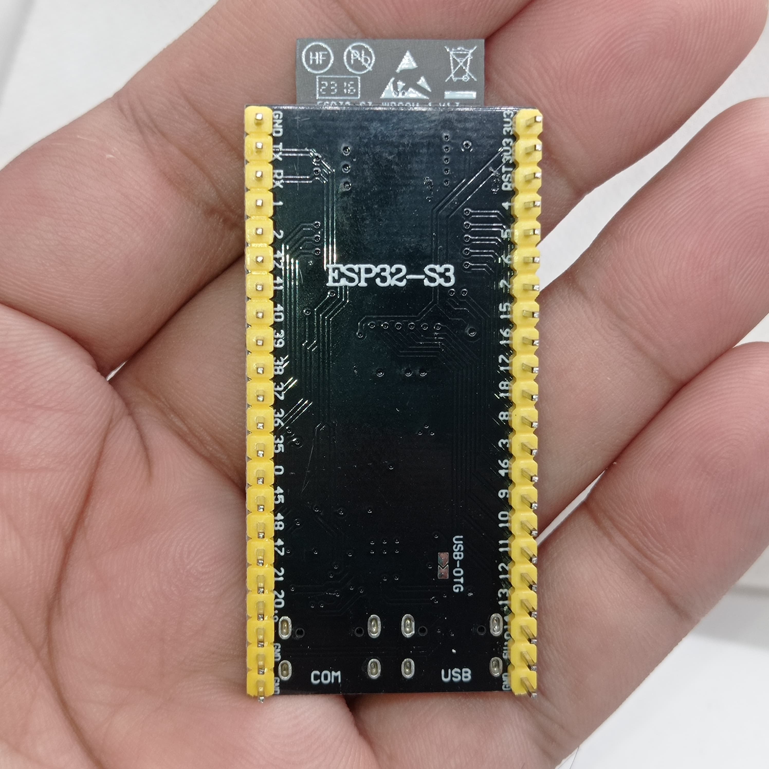 Pre Soldered ESP32-S3-DevKitC-1-N8R2 WROOM 1 Development Board 2.4G WiFi BT Module BLE5.0 - a black rectangular PCB with yellow pin headers held in a hand, showing printed labels and USB-OTG text.