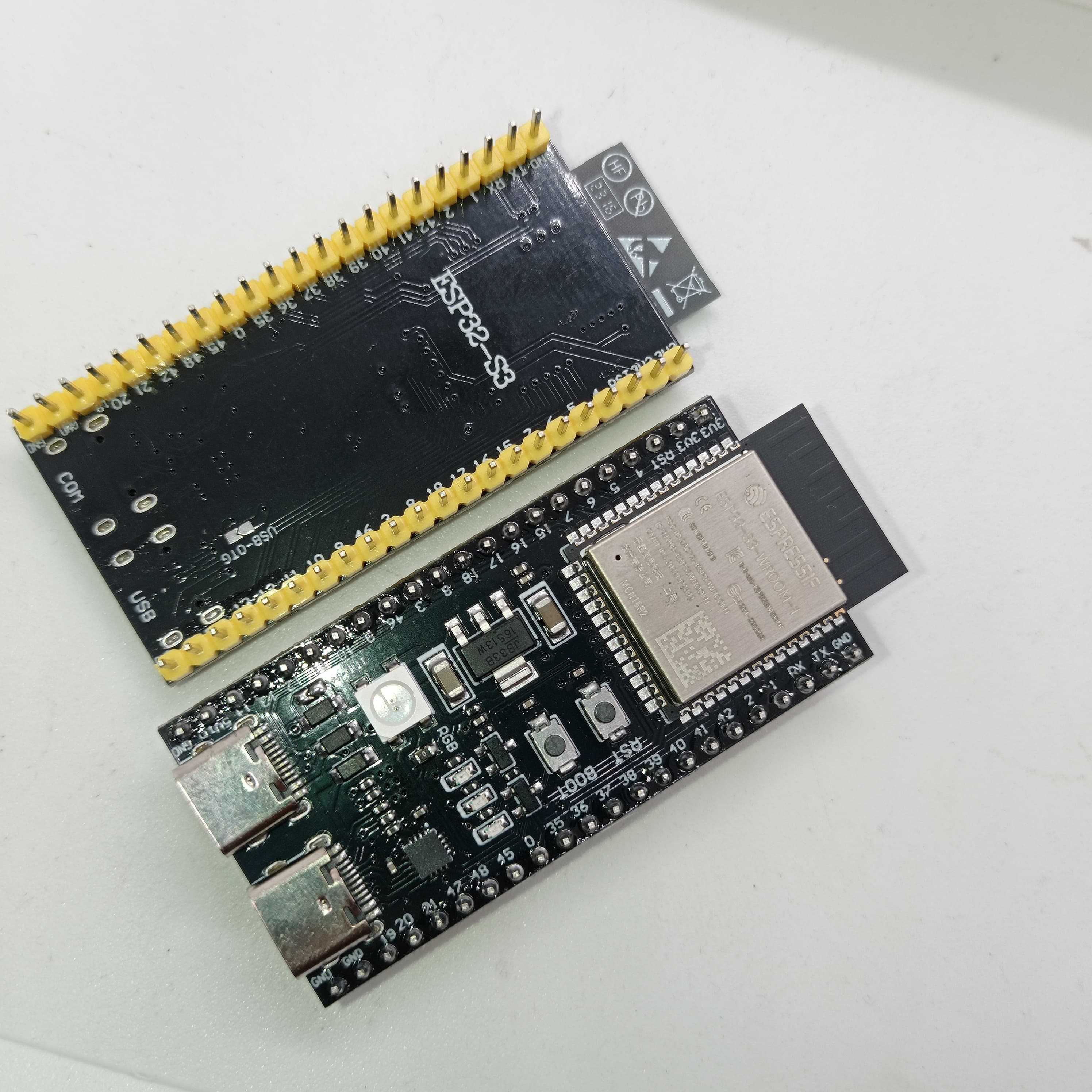 Pre Soldered ESP32-S3-DevKitC-1-N8R2 WROOM 1 Development Board 2.4G WiFi BT Module BLE5.0 - two black circuit boards with USB-C ports, buttons, pins, and an ESP32-S3 wireless module.