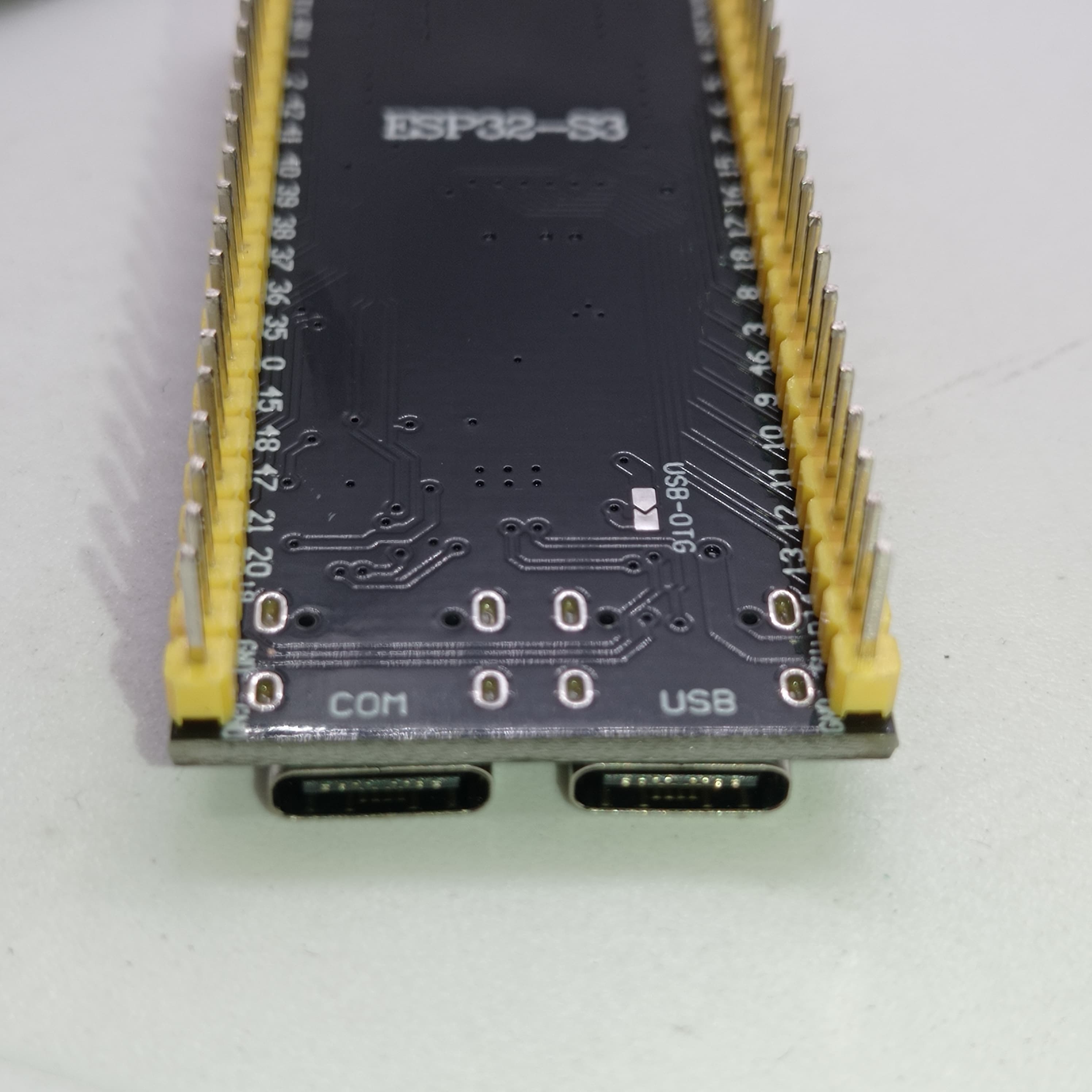 Pre Soldered ESP32-S3-DevKitC-1-N8R2 WROOM 1 Development Board 2.4G WiFi BT Module BLE5.0 - a black rectangular module with yellow pin headers and two USB-C ports labeled COM and USB on the bottom.