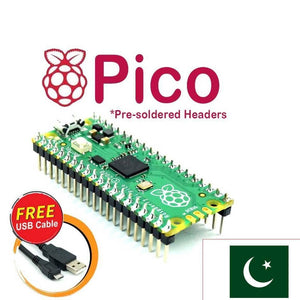 Pre Soldered Raspberry Pi Pico RP2040 Microcontroller With USB Cable - green circuit board, pre-soldered headers, a boot button, a micro-USB port, and a USB cable.