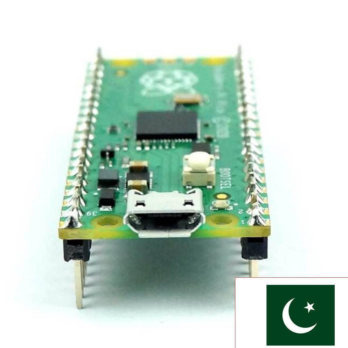 Pre Soldered Raspberry Pi Pico RP2040 Microcontroller With USB Cable - the green circuit board, micro-USB port, and BOOTSEL button from a front-facing angle.