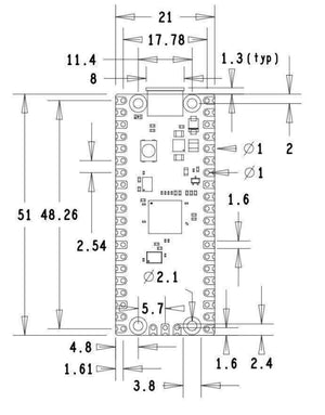 Pre Soldered Raspberry Pi Pico RP2040 Microcontroller With USB Cable - the top-down technical drawing of the board with pin spacing and hole measurements.
