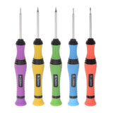 Precision 5 Pcs Screwdriver Set Slotted Phillips Star Torx Swivel Lid ScrewDriver Plastic Handle Watch Glasses Electronics Repair Tool - five colorful screwdrivers with plastic handles and metal tips, arranged vertically against a white background.