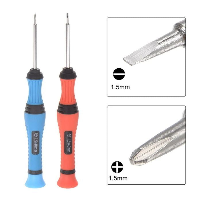 Precision 5 Pcs Screwdriver Set Slotted Phillips Star Torx Swivel Lid ScrewDriver Plastic Handle Watch Glasses Electronics Repair Tool - a blue Phillips and a red slotted screwdriver with 1.5mm tip close-ups for electronics and watch repair.