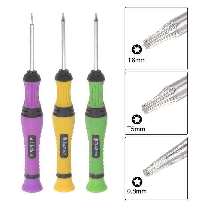 Precision 5 Pcs Screwdriver Set Slotted Phillips Star Torx Swivel Lid ScrewDriver Plastic Handle Watch Glasses Electronics Repair Tool - three screwdrivers with purple, yellow, and green handles alongside close-up views of T6, T5, and 0.8mm star tips.