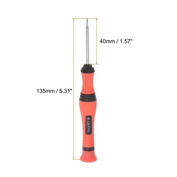 Precision 5 Pcs Screwdriver Set Slotted Phillips Star Torx Swivel Lid ScrewDriver Plastic Handle Watch Glasses Electronics Repair Tool - a dimension diagram of an orange and black screwdriver with a 40mm shaft and 135mm total length.