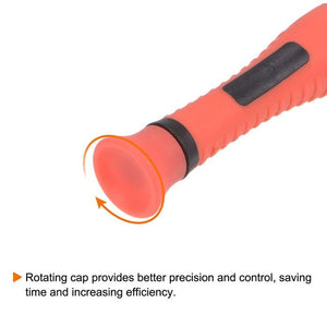 Precision 5 Pcs Screwdriver Set Slotted Phillips Star Torx Swivel Lid ScrewDriver Plastic Handle Watch Glasses Electronics Repair Tool - a close-up view of the orange, swivel-top rotating cap on the end of a screwdriver handle with an orange arrow overlay.