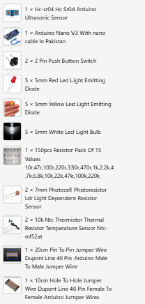 Premier Robotics Kit - a list of electronic components including an Arduino Nano, ultrasonic sensor, LEDs, resistors, switches, and jumper wires.