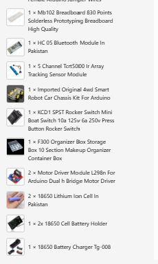 Premier Robotics Kit - shown as a list of components including a breadboard, Bluetooth module, IR sensor array, robot chassis, switch, and motors.