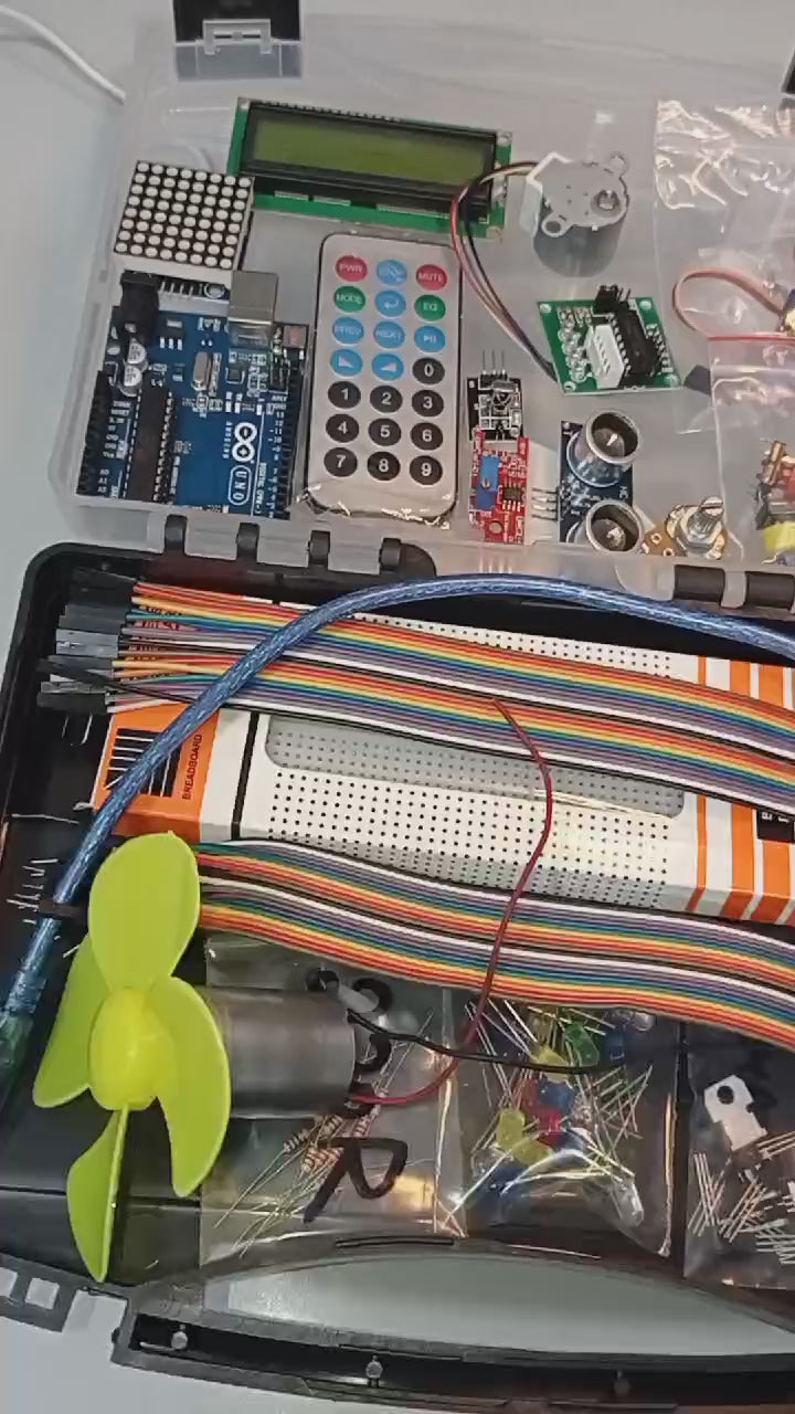 Arduino Starter Kit - product video, preview showing a plastic organizer case filled with electronic components and an arduino board