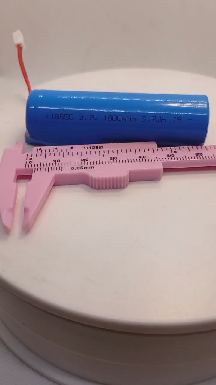 3.7V 1800mAh 18650 Lithium-ion Battery Pack With BMS Protection – Buy - product video, preview showing blue cylindrical battery with a red and white connector cable and calipers