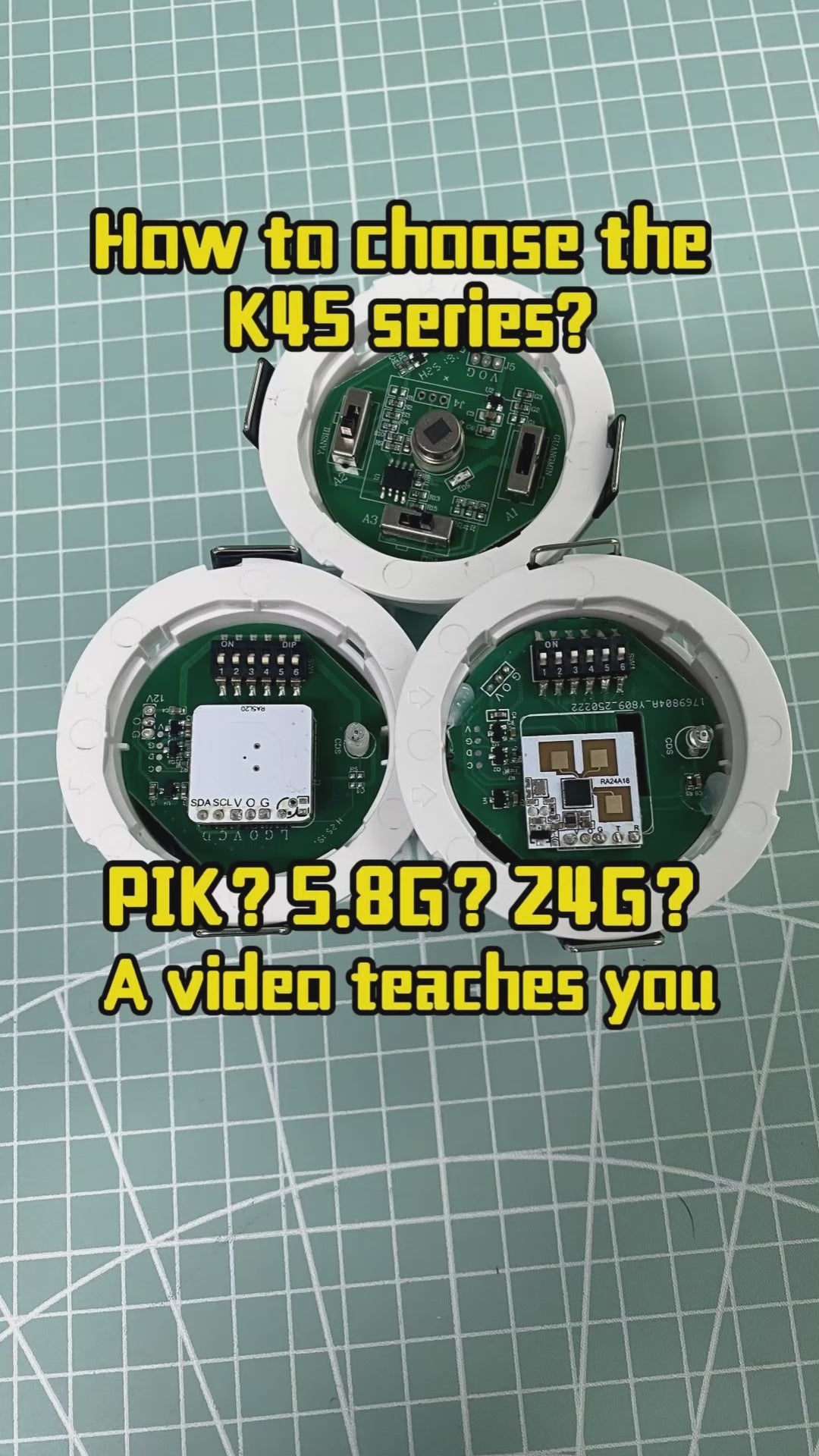 RA24K45 24GHz Presence Sensor Switch – Integrated mmWave Radar Module, Human Motion Detection - product video, preview showing three circular sensor modules with exposed circuit boards and dip switches