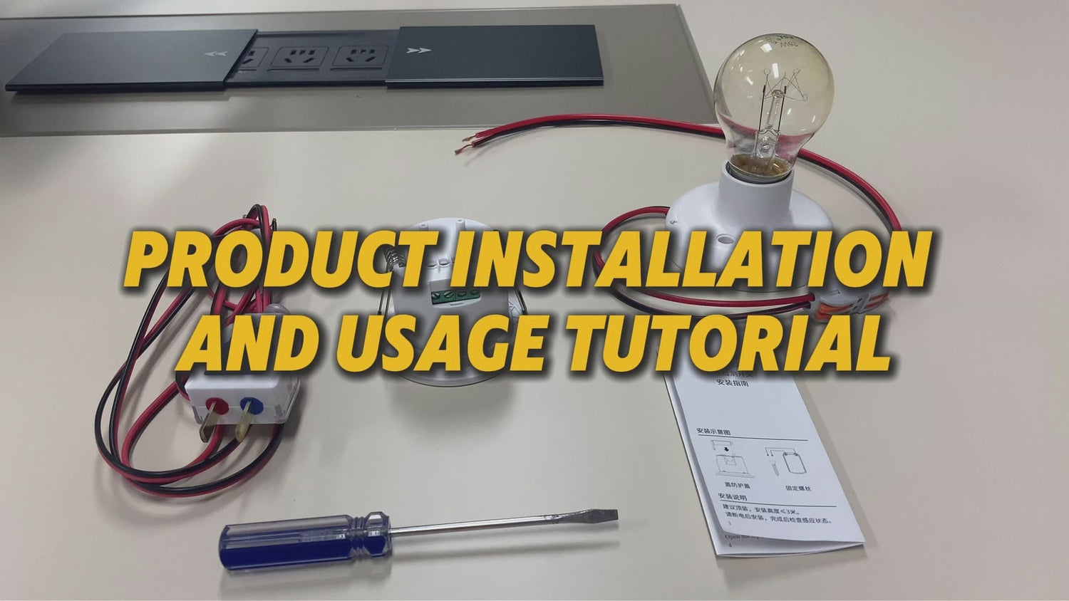 RA24K45 24GHz Presence Sensor Switch – Integrated mmWave Radar Module, Human Motion Detection - product video, preview showing a light bulb, sensor module, power plug, and screwdriver on a table