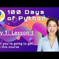 100 Days of Code: The Complete Python Pro Bootcamp Created by Dr. Angela Yu - Read the Descriptiton - product video, preview showing a smiling woman in front of a colorful digital graphic with python branding