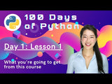 100 Days of Code: The Complete Python Pro Bootcamp Created by Dr. Angela Yu - Read the Descriptiton - product video, preview showing a smiling woman in front of a colorful digital graphic with python branding