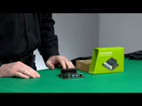 Buy Nvidia Jetson Nano 4GB Developer Kit B01 - product video, preview showing a small circuit board with a black heatsink next to its green packaging