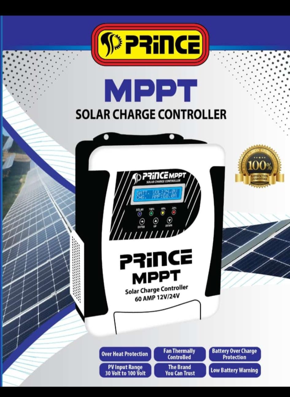Prince 60A MPPT Solar Charge Controller With Wapda Option - a black and white device with a digital display reading 24.0V and 60.0A, four buttons, and indicator lights.