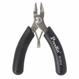 PRO’SKIT 1PK-501A 90mm Micro Cutting Plier - Precision Cutting Tool - a pair of small metal wire cutters with black rubberized handles and a spring-loaded hinge mechanism.