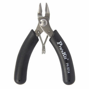 PRO’SKIT 1PK-501A 90mm Micro Cutting Plier - Precision Cutting Tool - a pair of small metal wire cutters with black rubberized handles and a spring-loaded hinge mechanism.