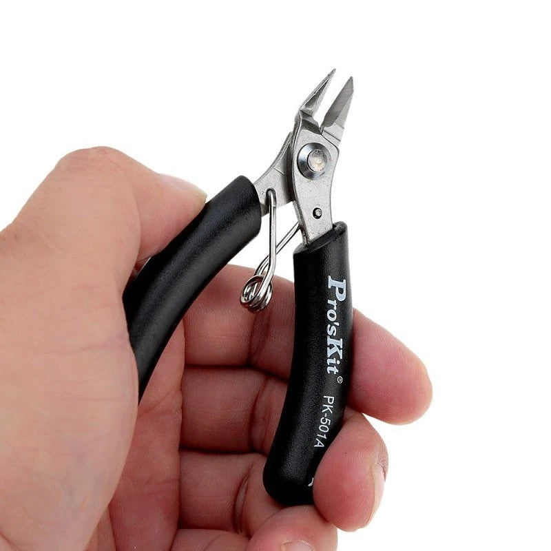 PRO’SKIT 1PK-501A 90mm Micro Cutting Plier - Precision Cutting Tool - the small metal cutting tool with black rubberized handles and a silver spring mechanism.