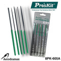 Pro’sKit 8PK-605A 5Pcs Needle File Set - five metal files with green handles arranged next to their plastic retail packaging.