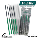 Pro’sKit 8PK-605A 5Pcs Needle File Set - five metal files with green handles arranged next to their plastic retail packaging.