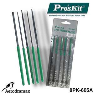 Pro’sKit 8PK-605A 5Pcs Needle File Set - five metal files with green handles arranged next to their plastic retail packaging.