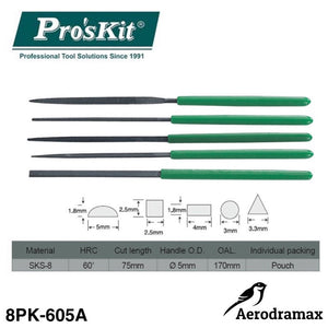 Pro’sKit 8PK-605A 5Pcs Needle File Set - five needle files with green handles, their cross-section shapes, and a table of technical specifications.