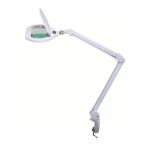 Pro’skit MA-1219F Ultra-efficient LED Magnifying Lamp - a white adjustable desk lamp with a circular magnifying lens, a hinged arm, and a table clamp.
