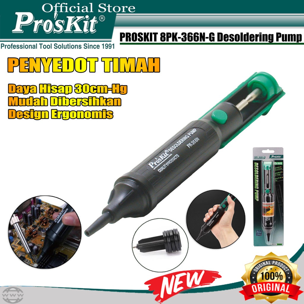 Pro’skit Proskit 8PK-366N-G Suction Tin Solder Suckers Desoldering Gun Soldering Iron Pen Hand Tools Desoldering Pump - a black and green handheld suction tool shown with its packaging, a close-up tip, and in use on a circuit board.