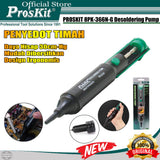 Pro’skit Proskit 8PK-366N-G Suction Tin Solder Suckers Desoldering Gun Soldering Iron Pen Hand Tools Desoldering Pump - a black and green handheld suction tool shown with its packaging, a close-up tip, and in use on a circuit board.