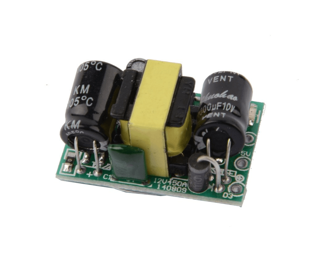 Professional PCB Mount 5V 700mA 3.5W AC-DC Step Down Isolated Switching Power Supply Module - a small green circuit board with capacitors and transformer.