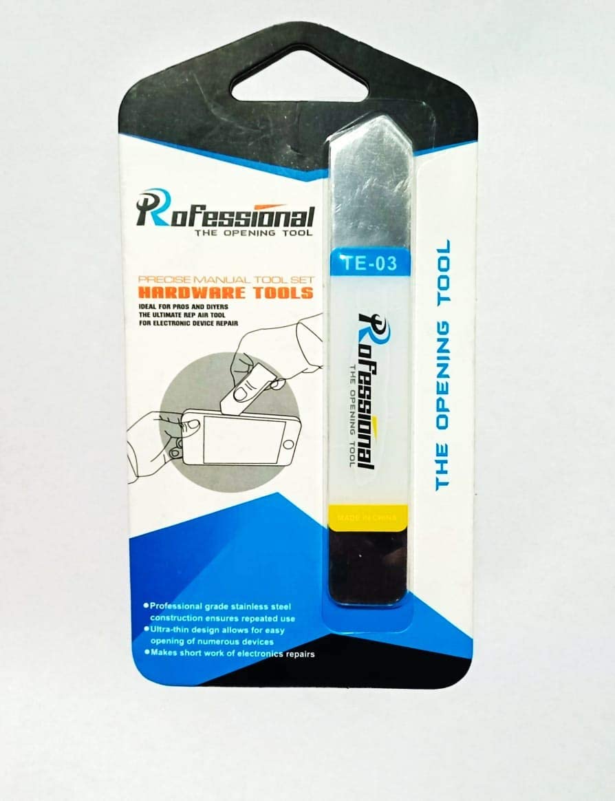 Professional The Mobile Opening Hardware Toolset TE-03 Opener Pry Tool for Disassembling Smartphone, Tablet, Laptop, Cell Phone, Game Console, etc - a stainless steel pry tool with a white handle inside a blue and white cardboard blister pack.