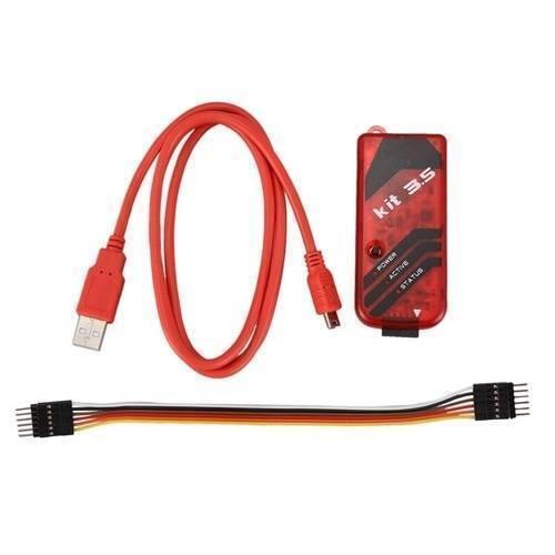 Programmer Pickit 3.5 Pic KIT3.5 Pickit3.5 - a red programmer unit, a red USB cable, and a multi-colored ribbon cable with black connectors on a white background.