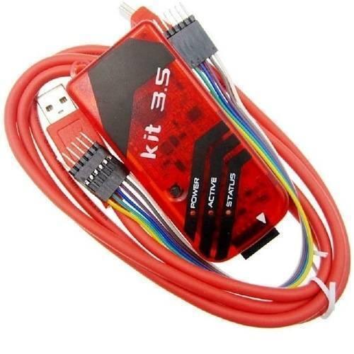 Programmer Pickit 3.5 Pic KIT3.5 Pickit3.5 - a red rectangular device with "kit 3.5" printed on it, three LED indicators, and attached multi-coloured ribbon cables.