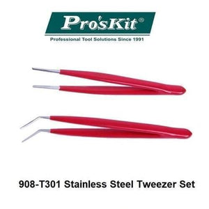 Proskit 2pcs Tweezers Straight & Curved Tip 908T301 Stainless Steel Electrician Hand Tools - Set showing one straight-tip and one curved-tip tweezer with red handles against a white background.