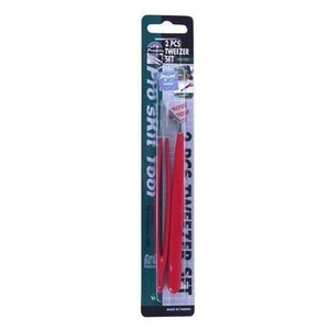Proskit 2pcs Tweezers Straight & Curved Tip 908T301 Stainless Steel Electrician Hand Tools - shown in its original retail packaging containing one straight-tip and one curved-tip red-handled stainless steel tweezer.