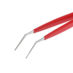 Proskit 2pcs Tweezers Straight & Curved Tip 908T301 Stainless Steel Electrician Hand Tools - a close-up view of a pair of stainless steel tweezers with red handles and a curved, serrated tip.