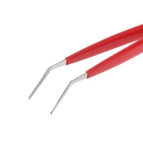 Proskit 2pcs Tweezers Straight & Curved Tip 908T301 Stainless Steel Electrician Hand Tools - a close-up view of a pair of stainless steel tweezers with red handles and a curved, serrated tip.