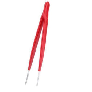 Proskit 2pcs Tweezers Straight & Curved Tip 908T301 Stainless Steel Electrician Hand Tools - one red-handled stainless steel tweezer with a straight tip.