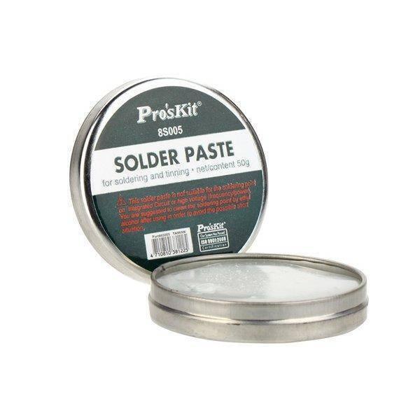 Proskit 8S005 Soldering Paste 50G - shown as a round metal tin with its lid standing upright behind the open base containing the paste.