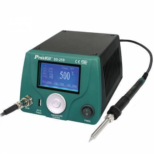 Proskit 90W LCD Smart Soldering Station SS-259 - a green and black unit with a digital display showing 500°C, a control knob, power switch, and iron.
