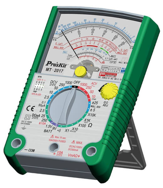 Proskit Analog Multimeter MT2017 - in a green and grey case with a central rotary dial, a needle display, and three input ports at the bottom.