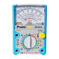 Proskit Analog Multimeter MT2019 - a blue and grey handheld device with a central rotary dial, a large analog display scale, and two input ports.