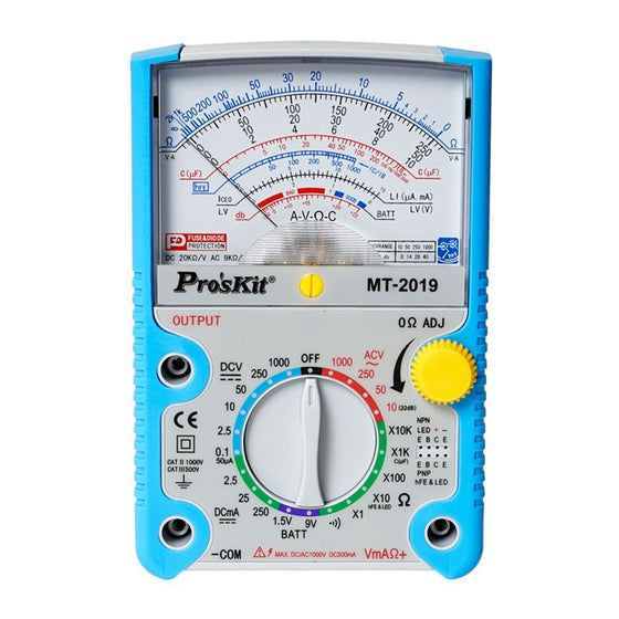 Proskit Analog Multimeter MT2019 - a blue and grey handheld device with a central rotary dial, a large analog display scale, and two input ports.