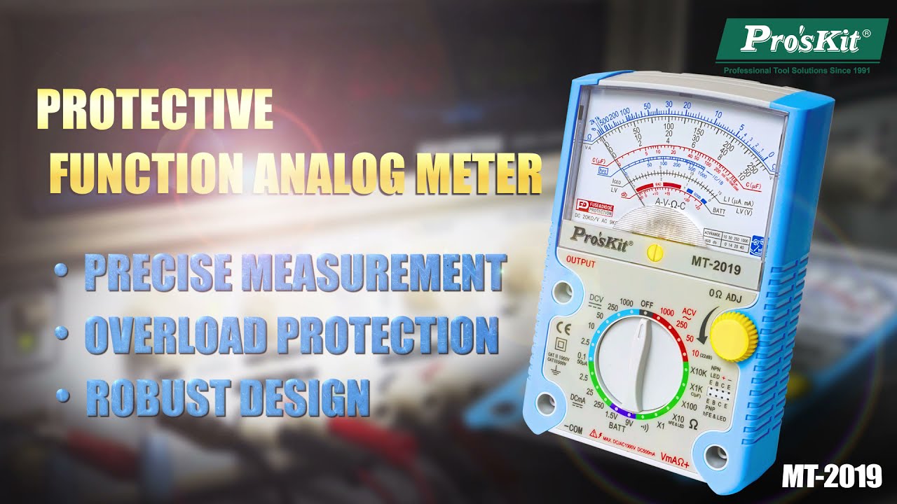 Proskit Analog Multimeter MT2019 - a blue and white handheld device with a central rotary dial, a yellow knob, and a needle-based display scale.