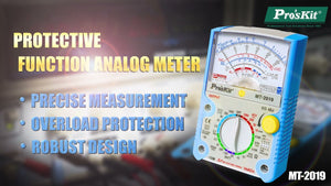 Proskit Analog Multimeter MT2019 - a blue and white handheld device with a central rotary dial, a yellow knob, and a needle-based display scale.
